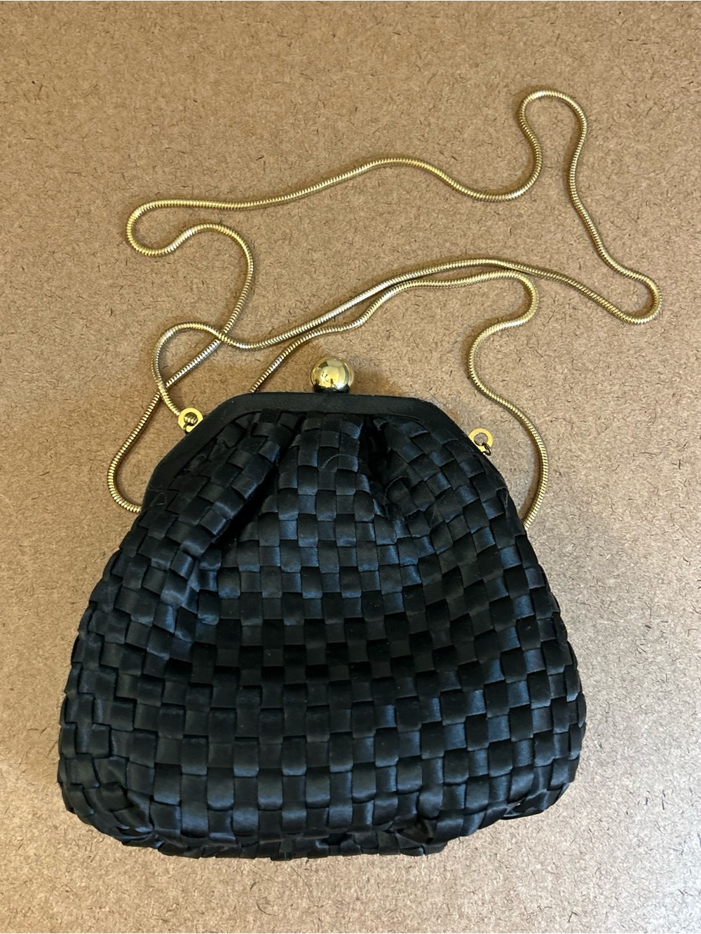 Vintage La Regale Black Woven Evening Bag Satin Clutch with Gold Chain